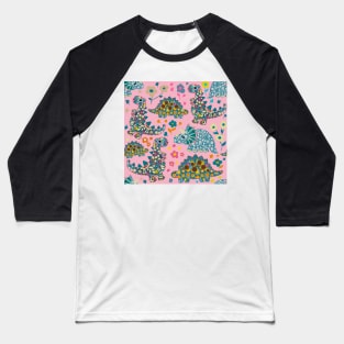 Vintage floral fabric dinosaurs with daisies on pink background Baseball T-Shirt